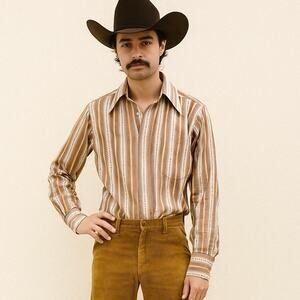 VTG 70s Western Cowboy Shirt Brown Tan Stripe 50/50 Cotton Poly 15.5 33 USA L